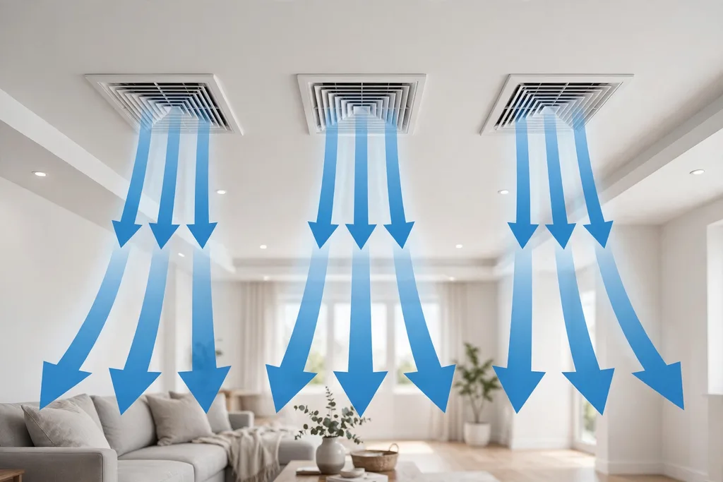 Three ceiling vents with blue arrows showing even airflow coming down into a living room