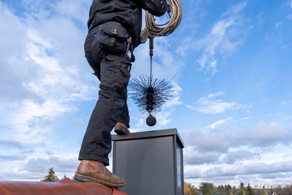 A chimney sweep lowering a brush into a chimney flue from a rooftop