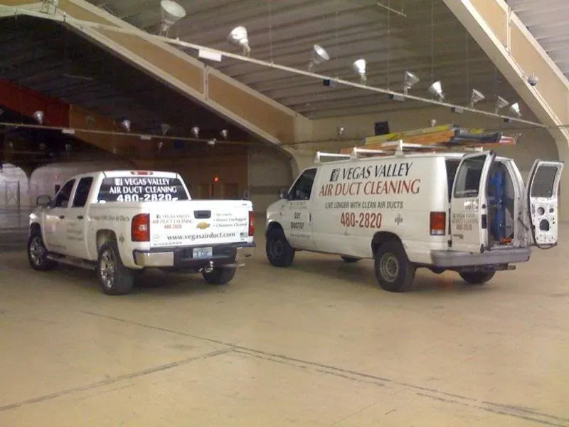 Best duct cleaning — Vegas Valley Air Duct Cleaning trucks on a commercial job inside a large venue