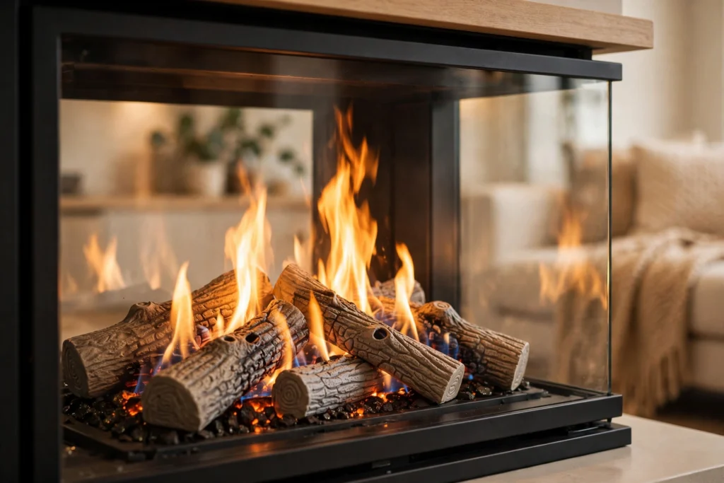 A gas fireplace with logs burning behind glass