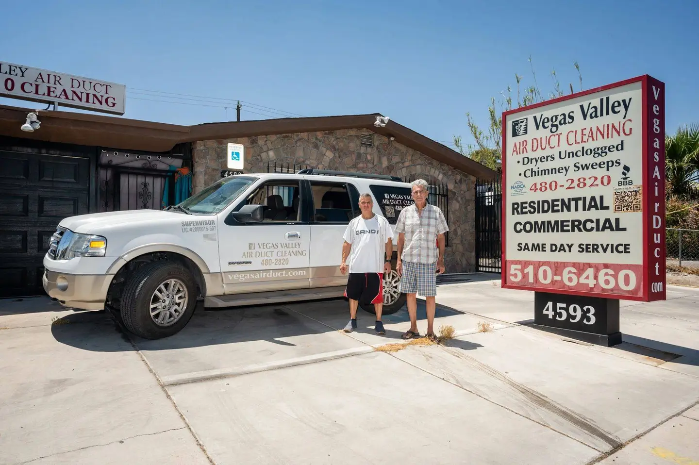 The Vegas Valley Air Duct Cleaning shop and service truck in front of the company sign at 4593 W Desert Inn Rd, Las Vegas