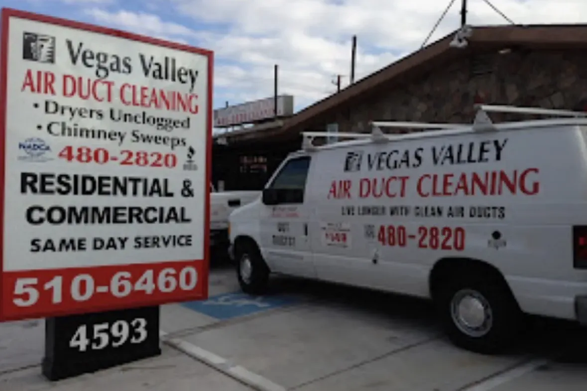 Vegas Valley Air Duct Cleaning sign and service van at 4593 W Desert Inn Rd, Las Vegas