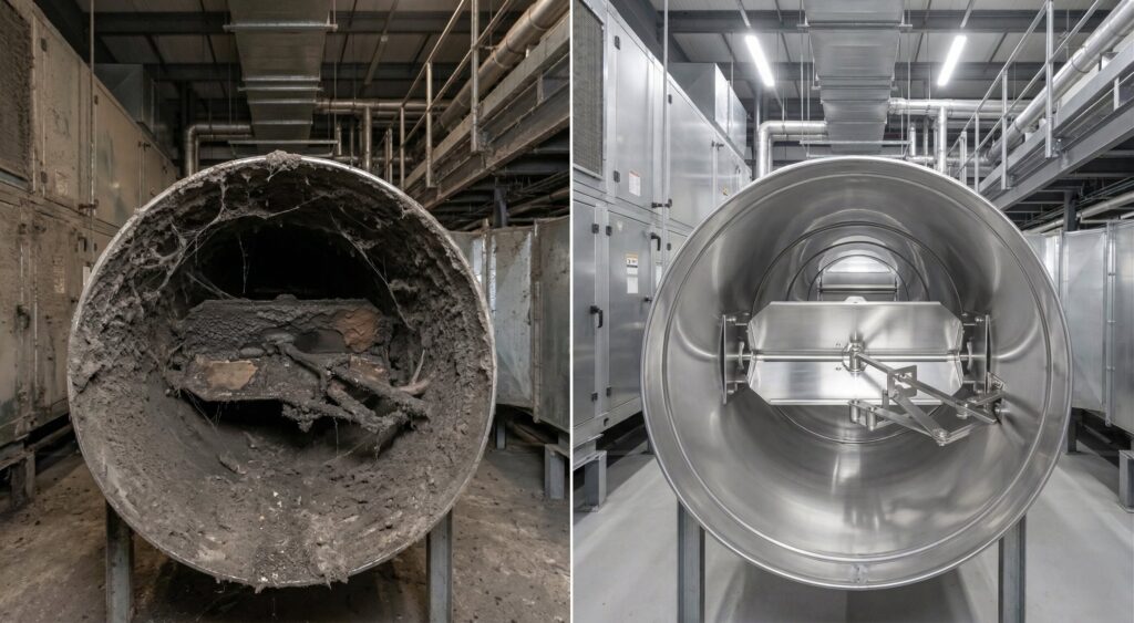 Air duct pipe before and after cleaning